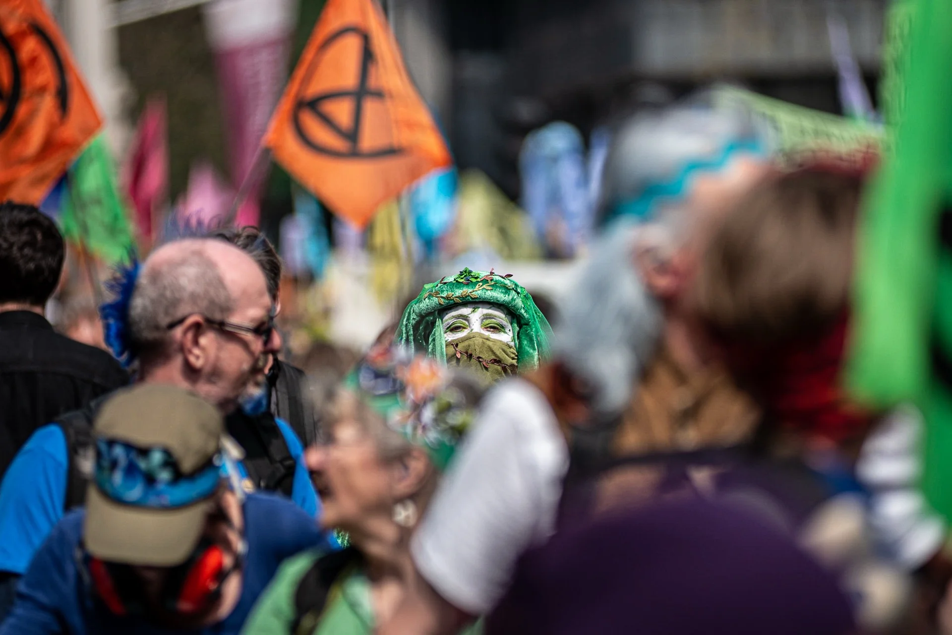Details of a Green Rebel brigate, during an Extinction Rebellion protest, 2023 - Luv - Vincenzo Lullo | Documentary Photography