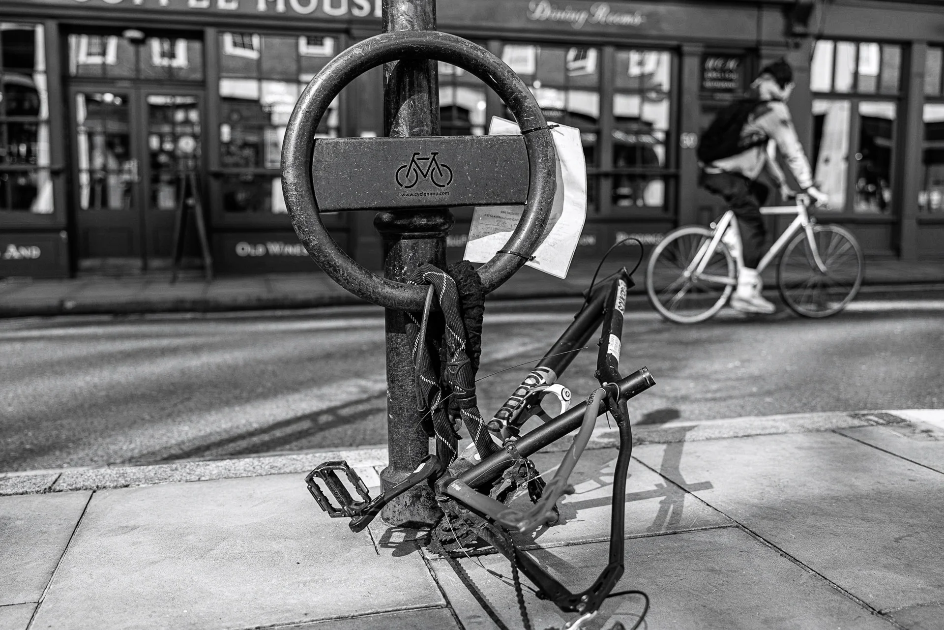 Black-and-white photograph of a row of bicycles with baskets lining a leafy street wall, focusing on mesh patterns. | Canon EOS R5 | RF 28-70mm F2 | 28mm f/3.2 | 1/1600s | ISO 100