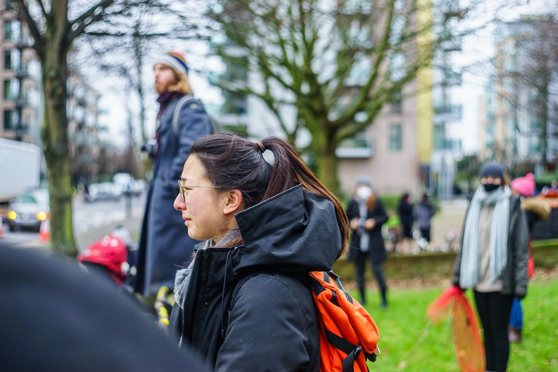 Profile of a local observer watching the Happy Man Tree removal in Hackney. | Sony ILCE-7 (Alpha 7) | N/A | 1/200s | ISO 100